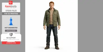 A 3D character model of a man in a green jacket and jeans, ready for 3D printing.