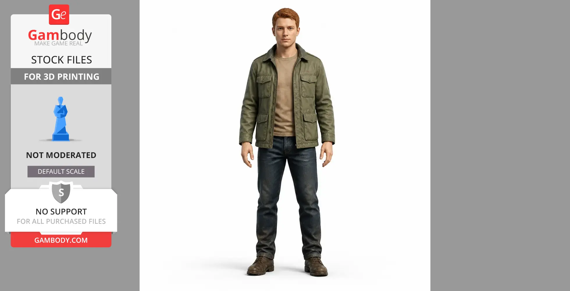 A 3D character model of a man in a green jacket and jeans, ready for 3D printing.
