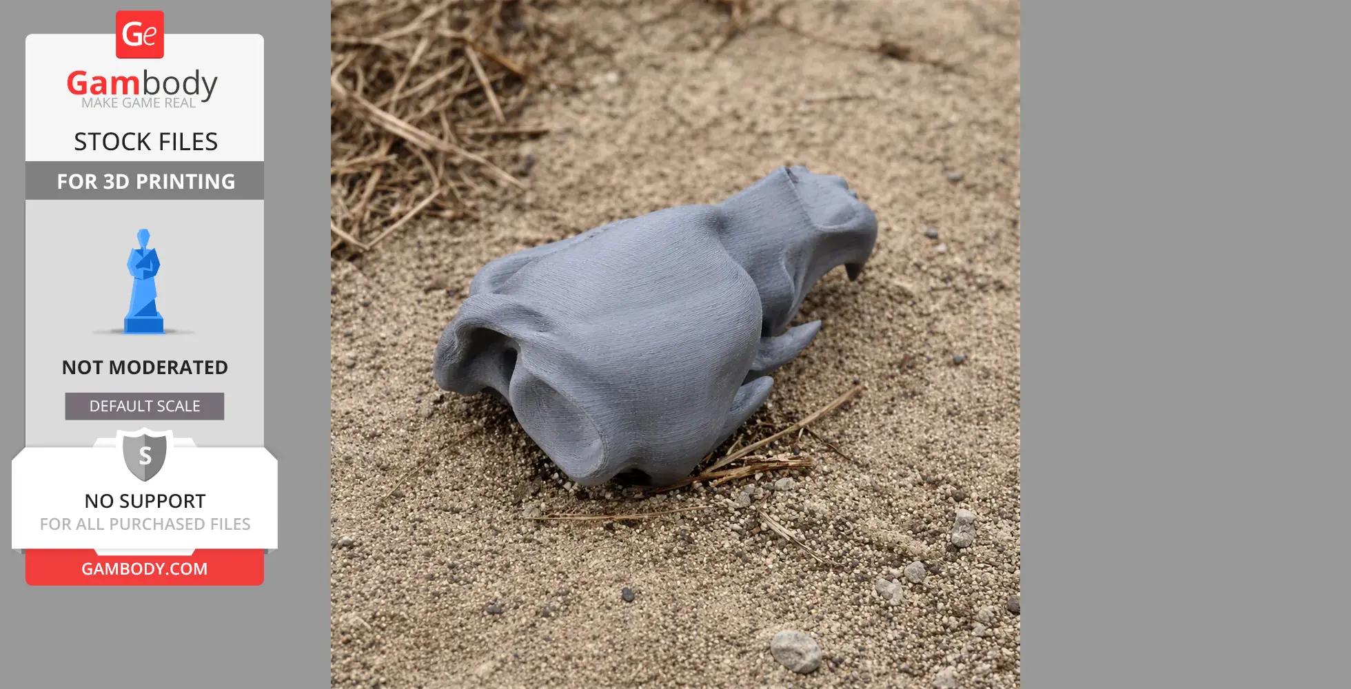 Gray 3D-printed Ursus deningeri skull replica on sandy ground.
