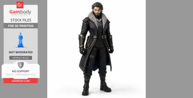 A detailed figurine of a character in a fur-collared coat with armor accents, ready for 3D printing.