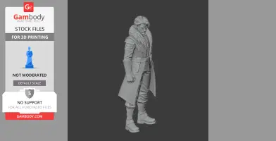 A detailed 3D model of a character in a long coat with fur collar and armored elements, standing in a dynamic pose.