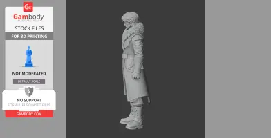 A detailed 3D model of a character in a long coat with fur collar, seen in a side profile.