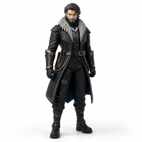 A detailed warrior figurine with fur-collared coat, armored gloves, and boots, ready for 3D printing.