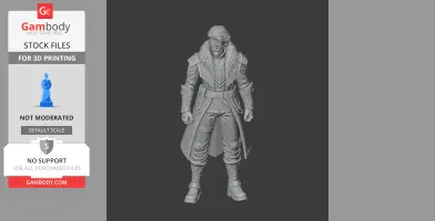 3D model of a character in detailed attire with a long coat, ready for 3D printing.