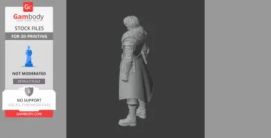 A 3D model of a medieval warrior with fur cloak and armor, viewed from the side, for 3D printing.