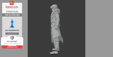 Detailed 3D model of a standing character in a long coat with ornate armor details.
