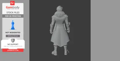 A 3D model of a character with a long coat and furry collar, viewed from the back, for 3D printing.