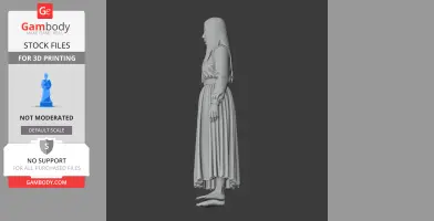3D model of a spectral figure in a long dress, standing barefoot, with long hair, viewed from the side.
