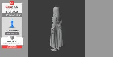 A 3D model of a woman in a long dress with long hair, standing barefoot, viewed from the side.