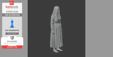 3D model of a long-haired figure in a flowing dress, designed for 3D printing.