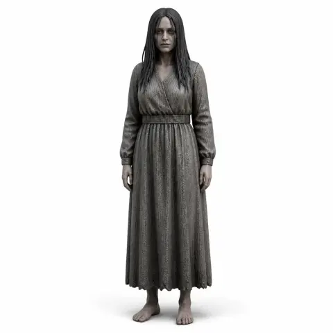 A spooky female figure in a long dress with long hair, standing barefoot.