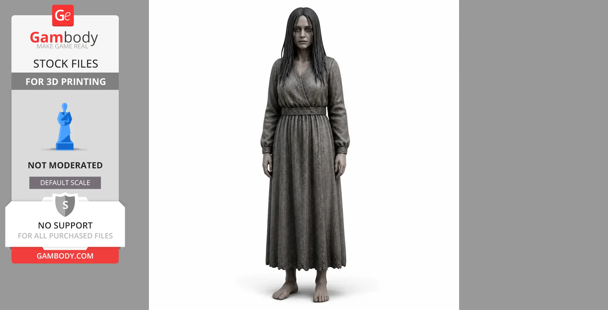 A ghostly woman in a long, textured dress with long hair, standing barefoot, set for 3D printing.