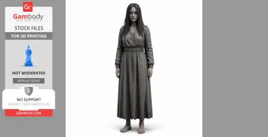 A ghostly woman in a long, textured dress with long hair, standing barefoot, set for 3D printing.