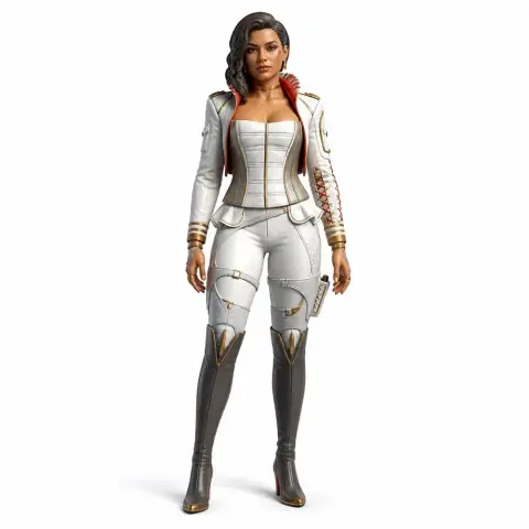 A detailed 3D model of a female character in a white and gray combat outfit, ready for 3D printing.