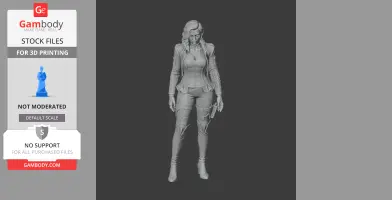 A detailed 3D model of a female character in futuristic attire, standing upright.