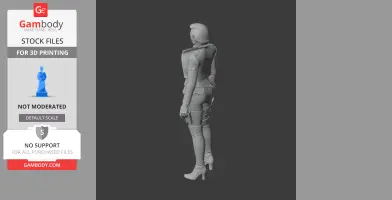 3D model of a standing character in detailed attire with high heels, viewed from the side.