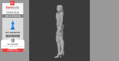 Side view of a detailed female figure in futuristic armor and high-heeled boots for 3D printing.