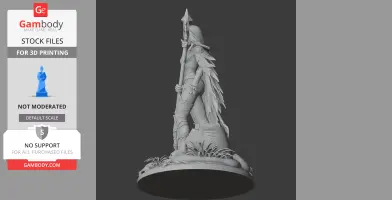 A detailed warrior figure with spear and cape, standing on a decorated base with plants.
