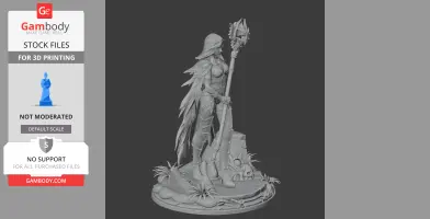 A detailed 3D model of a cloaked warrior holding a staff, standing on a decorative base with skulls and plants.