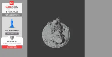A detailed 3D model of a character standing on a circular base with plants and a serpent-like creature.