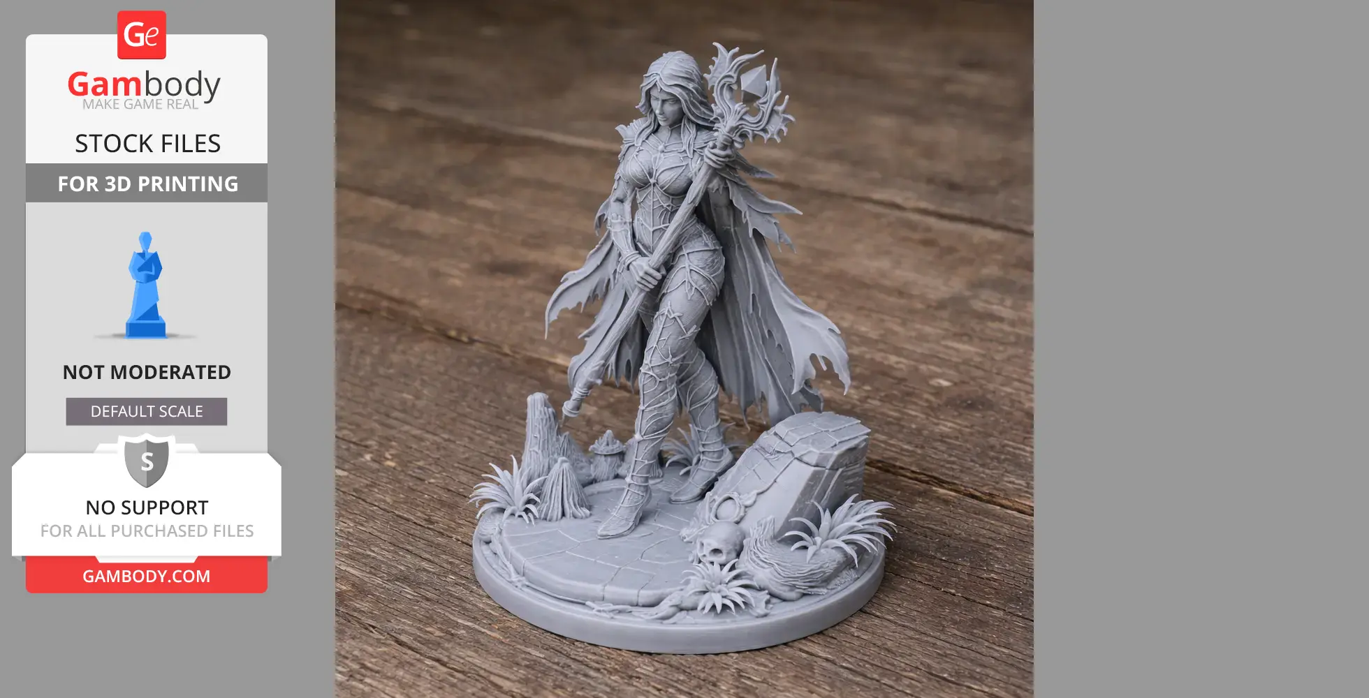 A detailed 3D figure of a mythical female character with a staff, wearing intricate armor and a flowing cape.