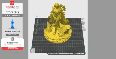 A detailed 3D model of an armored figure with a staff, standing on a decorated base with skulls and plants.
