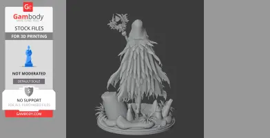 A cloaked figure with leafy attire and staff, standing on a decorated base with rocks and plants.