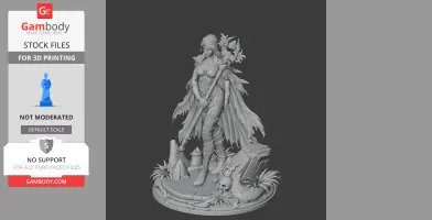 A detailed 3D figure of a woman with a staff, wearing armor and a flowing cape, standing on a decorated base.