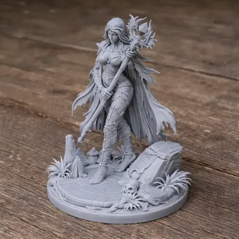 A detailed 3D figure of a cloaked warrior woman with staff, standing on a textured base with ruins and foliage.