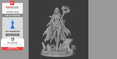 Detailed female figure with staff, flowing cloak, on a decorated base with skulls and ancient artifacts.