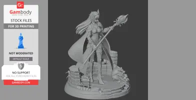 A robed figure with a staff stands on a detailed stone base, surrounded by vines and gear.