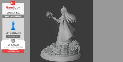 A detailed character figure holding a staff, standing on a decorated base with flowing hair and a cape.
