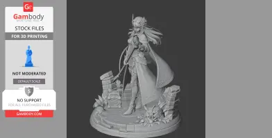 A detailed female warrior figurine with long hair, armor, and cape, standing on a stone base with plants.