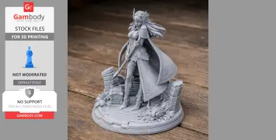 A detailed fantasy warrior figure with armor and cape, standing on a decorated base with stone ruins.
