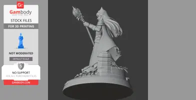 Fantasy character figure with long hair, holding a staff, standing on a decorative base.