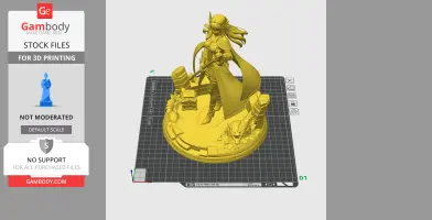 Heroic character figure in battle stance with flowing hair, cape, and detailed armor on a decorative base.