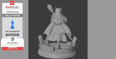 A 3D figure of a character with flowing hair and cape, holding a staff, standing on a detailed circular base.
