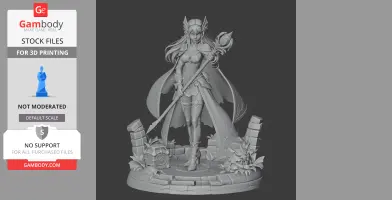 A detailed female warrior figure in armor, holding a staff, standing on a stone base with plants.