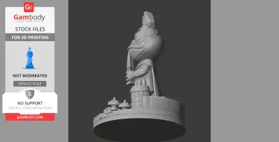 Cartoonish frog character in armor holding a knife, standing on a detailed base with mushrooms.
