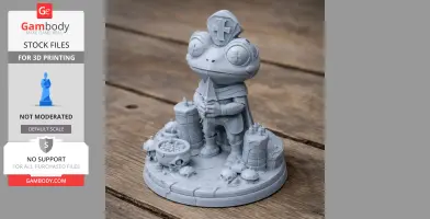 A frog-like figure with a cross hat, standing on a base with candles, skulls, and a bowl, suitable for 3D printing.