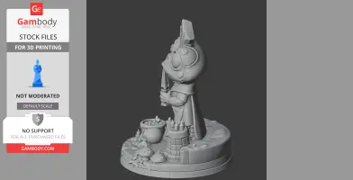 A frog-like character figure with a dagger, cauldron, mushrooms, and candles on a round base.