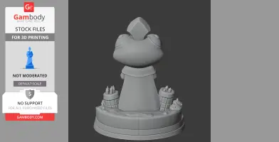 A 3D model of a cloaked anthropomorphic frog on a circular base with candles and small figures.