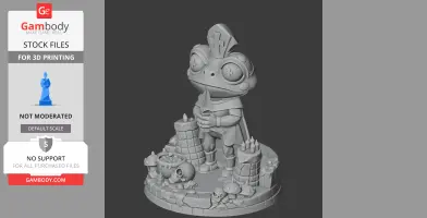 Frog-like character in robes with a ceremonial staff, surrounded by candles and skulls on a circular base.