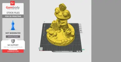 A stylized frog figure on a pedestal with ornate details and circular base, suitable for 3D printing.