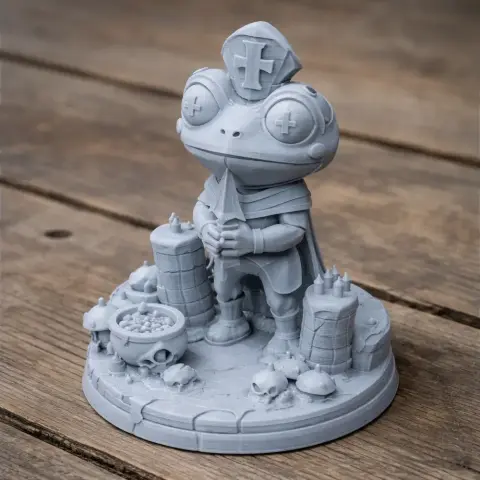A detailed frog character figure with large eyes, holding a dagger on a decorated base with skulls and candles.