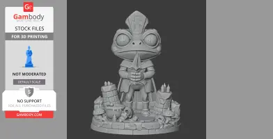 Frog-like figure in a robe, holding a dagger, surrounded by candles and skulls on a patterned base.