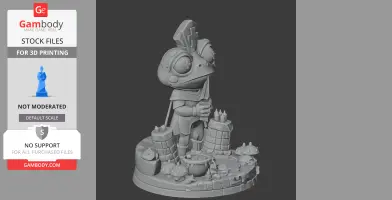 A frog-like character holding a dagger, surrounded by mushrooms and barrels on a detailed base.