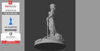A hooded character with armor stands on a detailed base, holding a sword, ready for 3D printing.