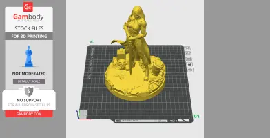 A warrior figure in armor with a hood holds a sword, standing on a detailed base with sci-fi elements.