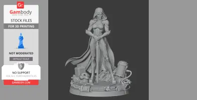A hooded figure stands on a detailed base with sword and armor, surrounded by tech equipment and debris.